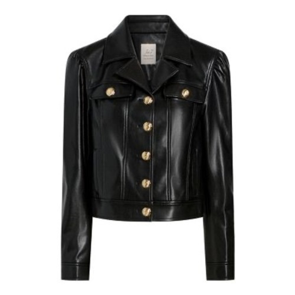 Cinq a Sept Khloe Faux Leather Jacket Black Gold Crest Button Cropped coat‎ Sz L